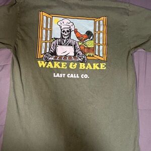 Last Call Co Wake And Bake Skeleton Rooster Graphic T-Shirt Mens M Green Tee